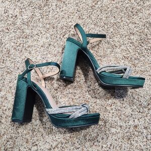 Worthington Green Satin Heels with Rhinestone Accents